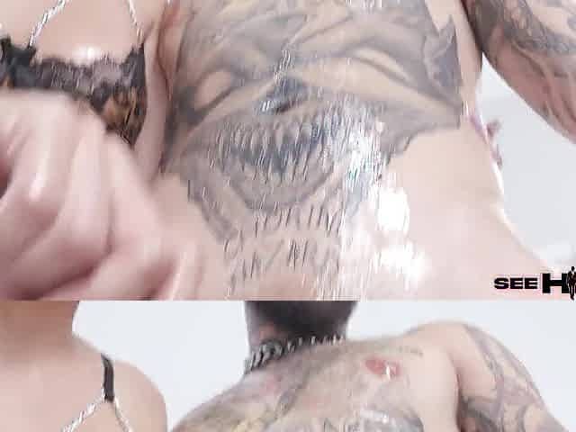 Tattooed Tommy Has Sandy Love Suck His Oiled Shaft On White Sheets!