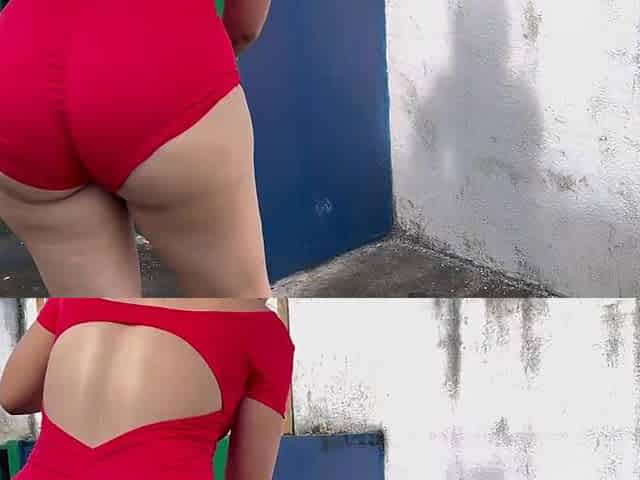 Stepmother washing the pool in a red swimsuit