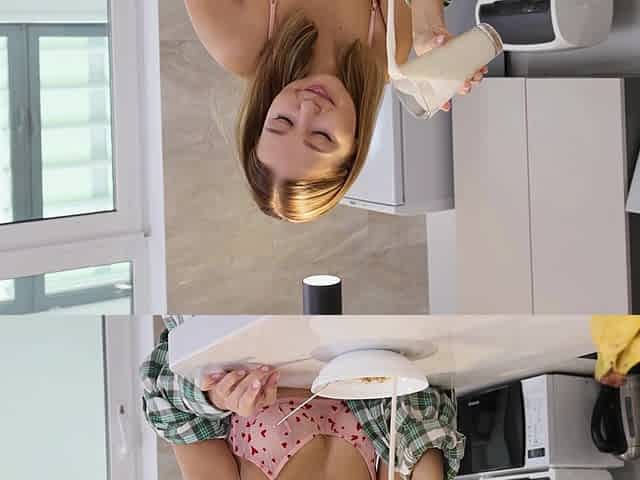 The sexy blondie Mila Ex shows off her 32c natural tits in the kitchen