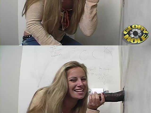 Busty blonde honey gets her mouth filled with jizz from a glory hole dick