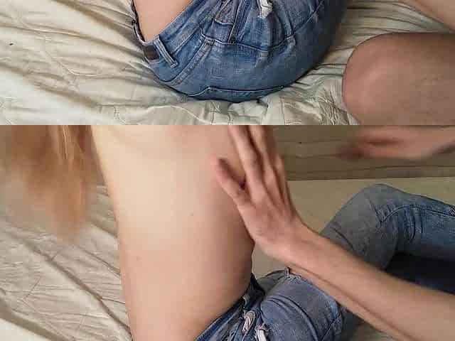 Brought to fingering climax and screw as missionary in ripped jeans