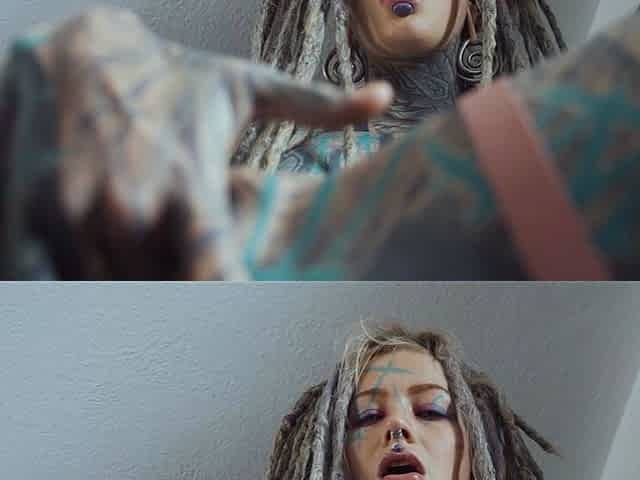 Gorgeous tattooed girl fucks her ass with a big dildo