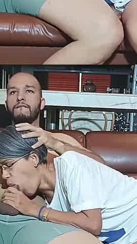 While I Watch TV, My Whore Stepmother Sucks My Cock When Stepdaddy Is Teleworking.