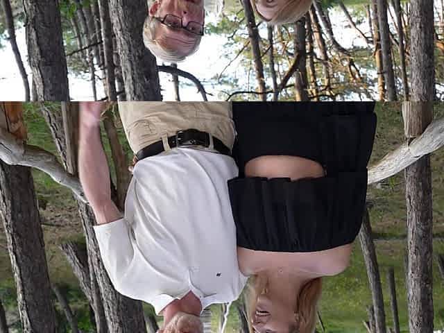 An old guy and a young girl are having sex in nature