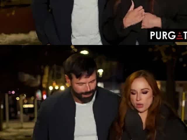 Tiny redhead drops to her knees in a darksome alley to suck his knob