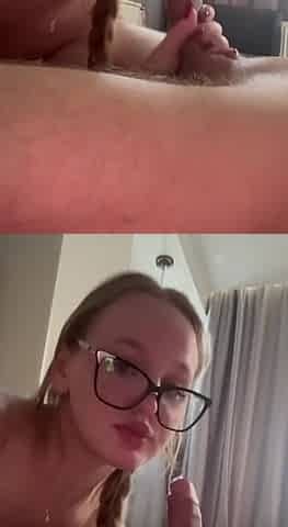 Hot gal with glasses gives sloppy POV oral-job and licks the tip
