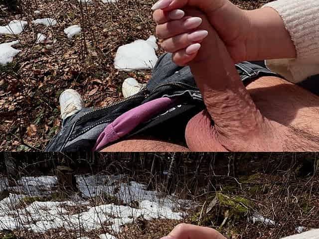 Outdoor Forest Fun - Wet Handjob, Deep Blowjob and Risky Doggy Fuck