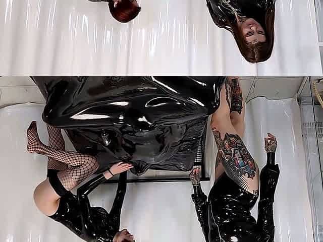 Two blondes in latex and stockings share a cock
