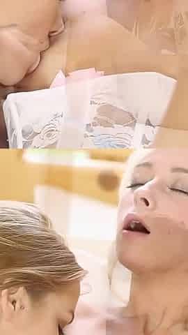 Horny Blonde and Brunette Lick and Fuck with Toys in Bed and Kitchen