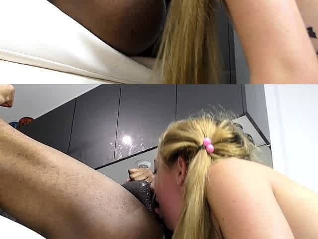Gorgeous blonde teen whore giving awesome big cock handjob
