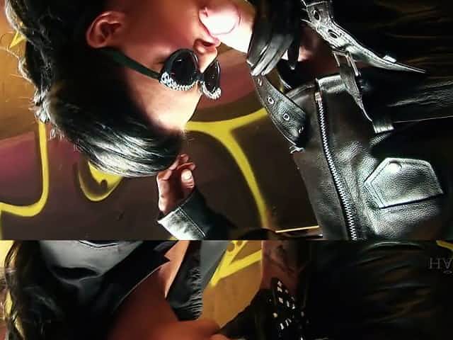 Horny biker in sunglasses is ready for good BJ from sexy chocolate Jasmine Webb