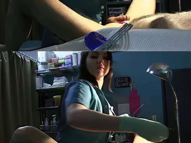 Nurse Stretches Slave's Urethra with Rosebud Sounds and Green Latex Gloves