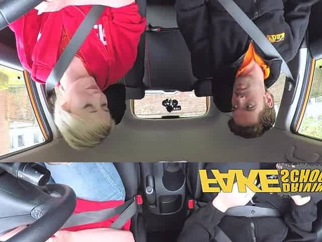Fake Driving School Students squirting shaven vagina gets spunked on