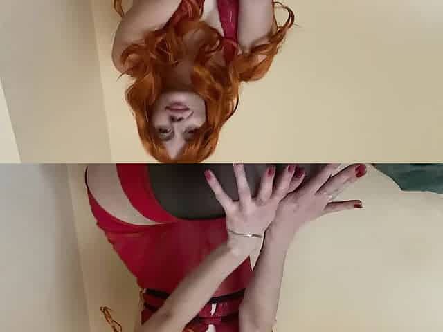 Marvelous angel in red costume shows off her nylons.
