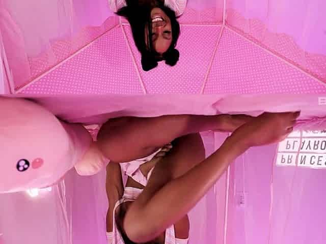 Horny ebony girl works on my big white cock with her hands, feet and mouth, then rides it with her pussy