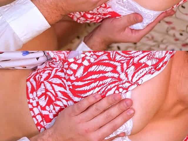 Sucking Boobs in close-up. He sensuously licks my hard
