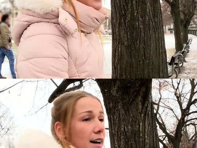 Blonde is flashing her big boobs in the outdoors