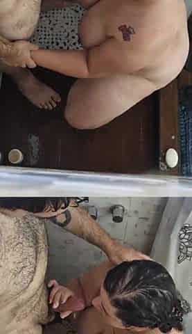 Pair enjoys blowjob in the shower