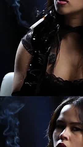 Sexy Russian Brunette Smoking in Black Lace Gloves