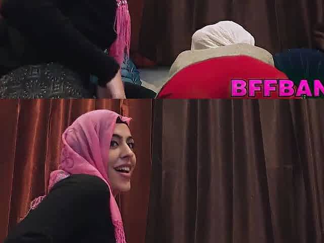 Playful BFFs in hijabs fool around and twerk in advance of sucking a stud off and riding his hard jock.