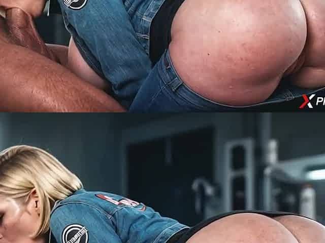 Android eighteen in latex shakes her fake titties during the time that riding [AI]