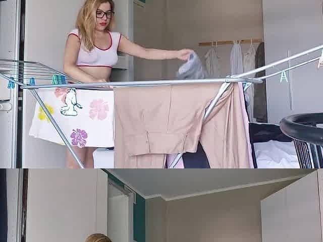 Sexually excited blond arranges her raiment with the window open and the neighbour outside sees her nude