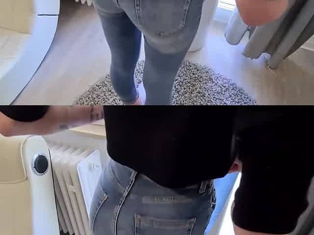 Petite beauty in jeans actively sucks dick
