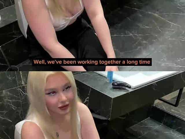 She gave me a fellatio at the corporate party, I came in her mouth, the boss saw us - hot gonzo porn!