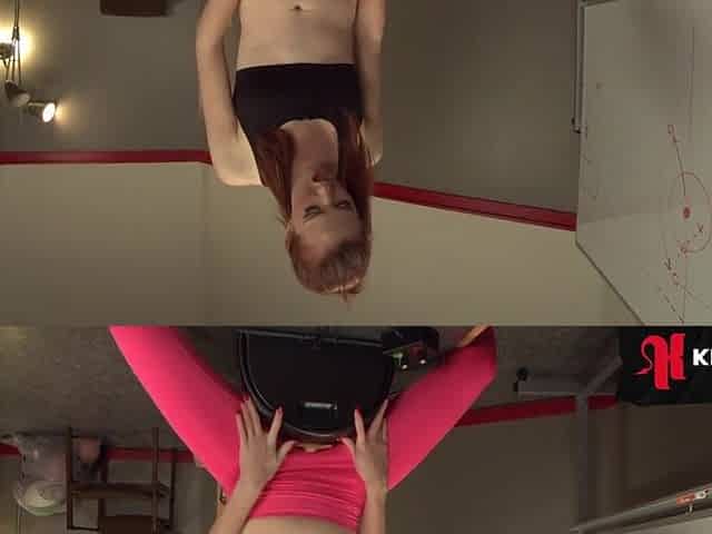 Hot, slender, and tall Golden-haired works out in her coached office, screwing herself hard with a screw machin