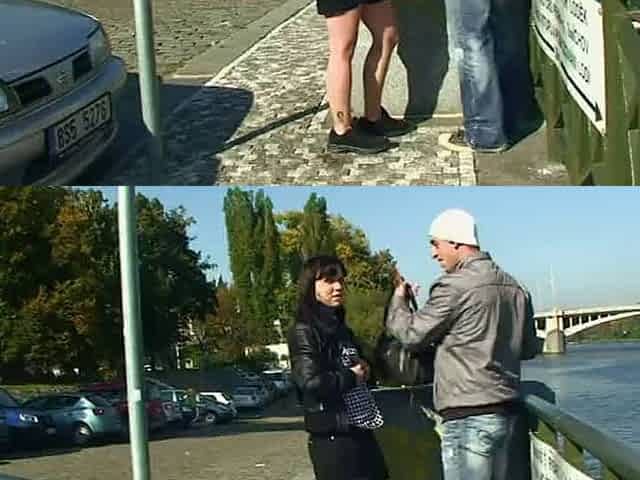 Dark haired babe riding a hard pecker in the public park