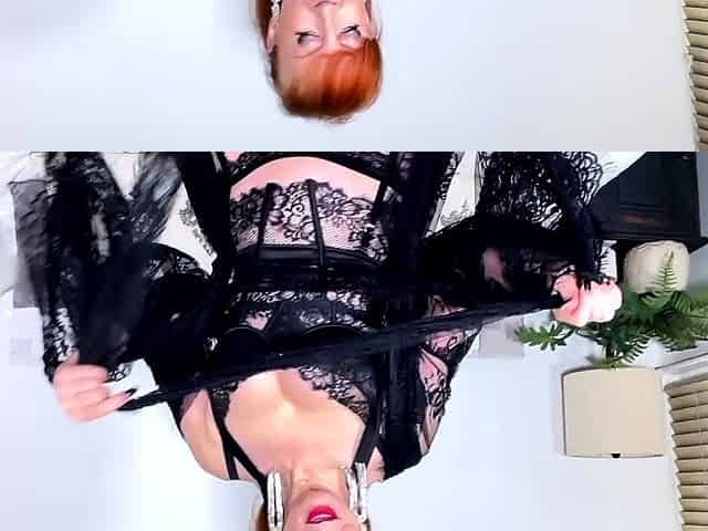 Red gets off in her sexy black lace lingerie
