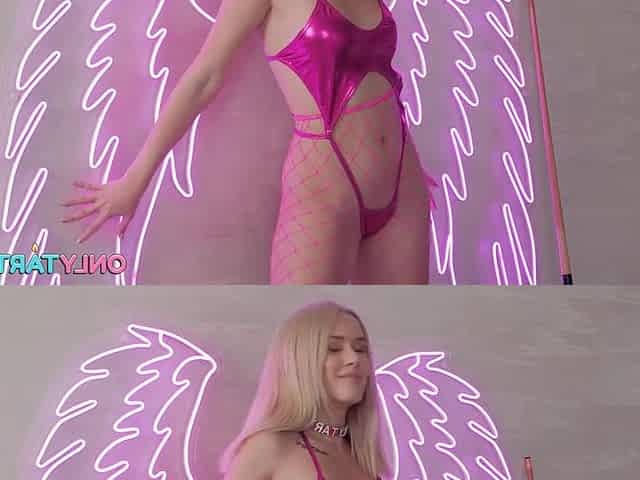 The innocent-looking angel receives a large, thick phallus inserted into all her body orifices.