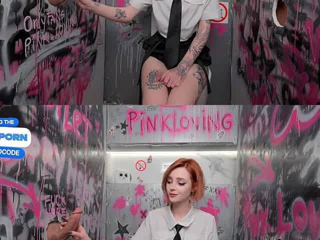 Pretty girl gets fucked by two dicks through the toilet walls Gloryhole - pinkloving