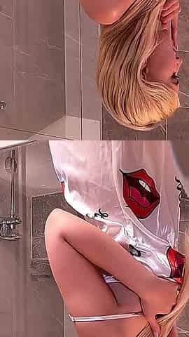 Big Ass Blonde Beauty Takes off Her Panties Braless in the Bathroom Flashes Her Tight Shaved Pussy