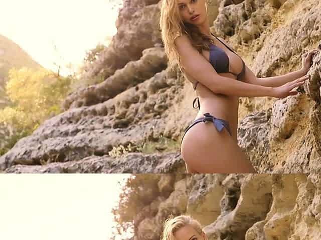 Big boobs skinny MILF strips outdoors
