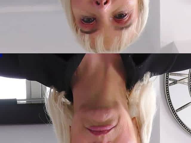 A beautiful blonde in lingerie masturbates in the kitchen