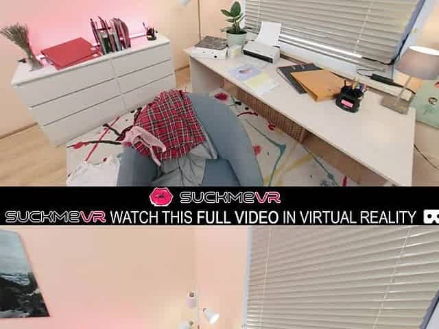 Cute slim blond Miss Kapriz sucks and bangs in VR.