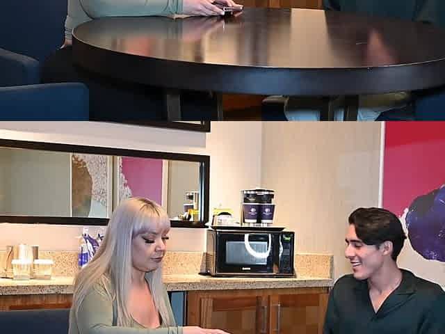Curvy milf was watching porn when he walked in and got a real cock instead