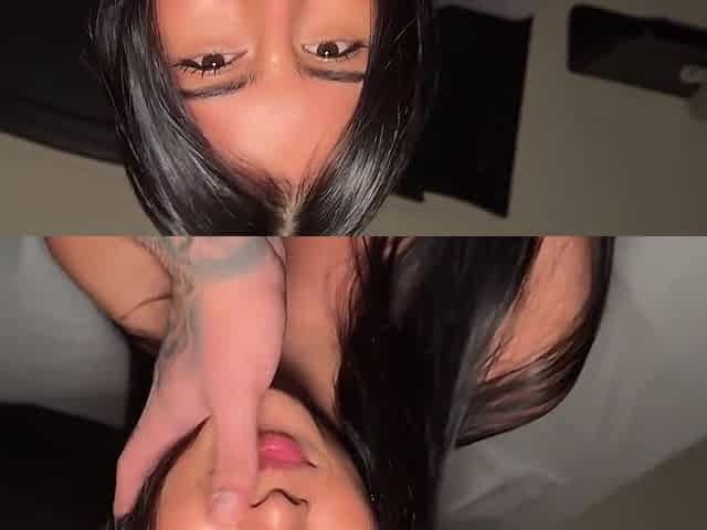 Skinny brunette girl sucks on my dick real deep and gets her pussy fucked till cumshot