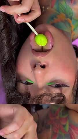 Girl with Split Tongue Farts on Lollipop and Eats It