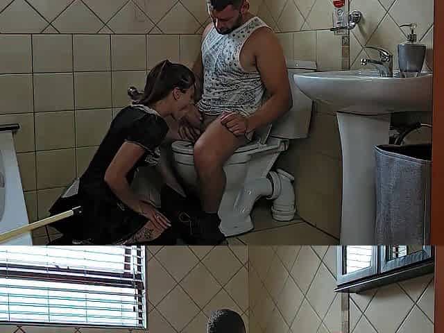 Tiny bitch sucking wang on lavatory