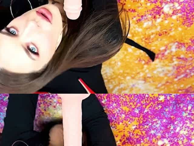 Brunette wife with big boobs gives blowjob