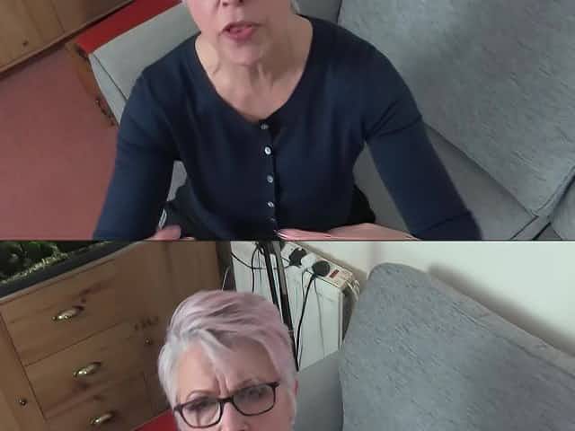 Short haired blonde granny Lady Sextacy strokes a cock with her feet
