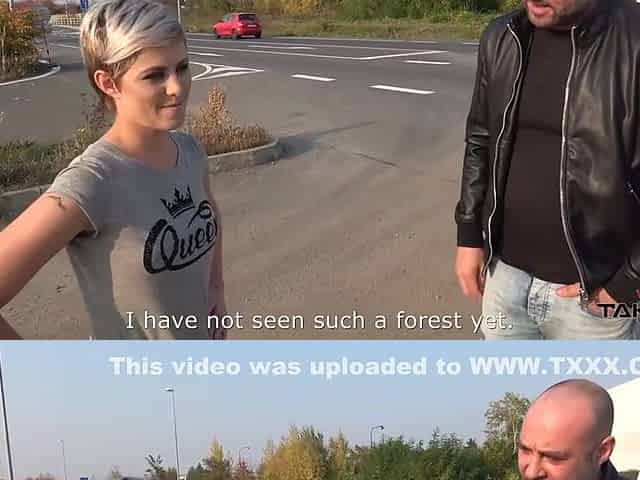 Short haired blonde, Ruth is trying sex in the back of a car and loving it