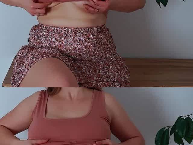 Excited wife riding a sex-toy on a cabinet. Large bouncing melons.