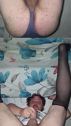 Homo masturbating doggy-style! Biggest butt in a taut strap! Close-up of the wang!