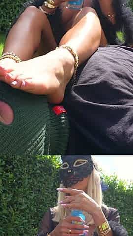 Outdoor Garden Feet in Face Handjob & Foot Worship - Blonde with Long French Toenails