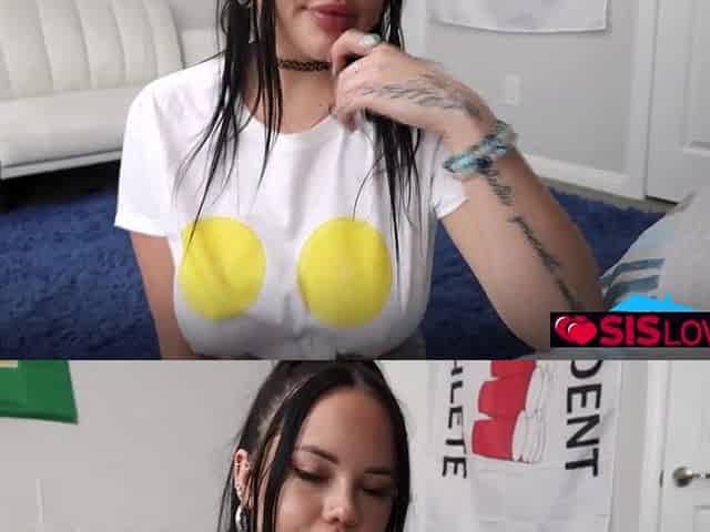 Stepbro lets his stepsister Madalina Moon take kinky pictures of his knob