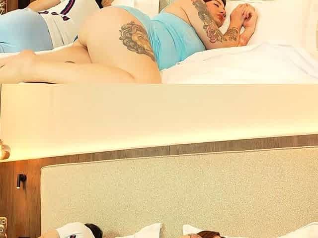 Busty stepsis wears no panties to share a bed with me