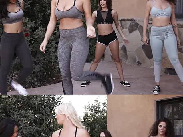 Lesbian sex of five hot girls in the locker room